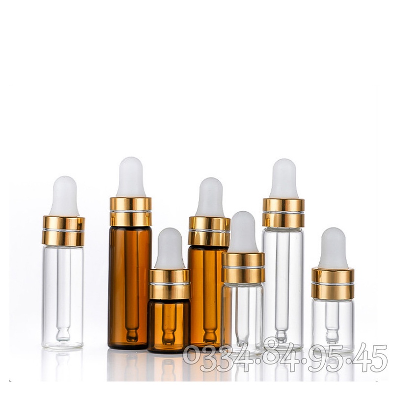 Chai thủy tinh MỎNG thân TRONG nắp bóp VÀNG 1ml 3ml 5ml - Lọ đựng serum, chiết tinh dầu, mỹ phẩm du lịch.