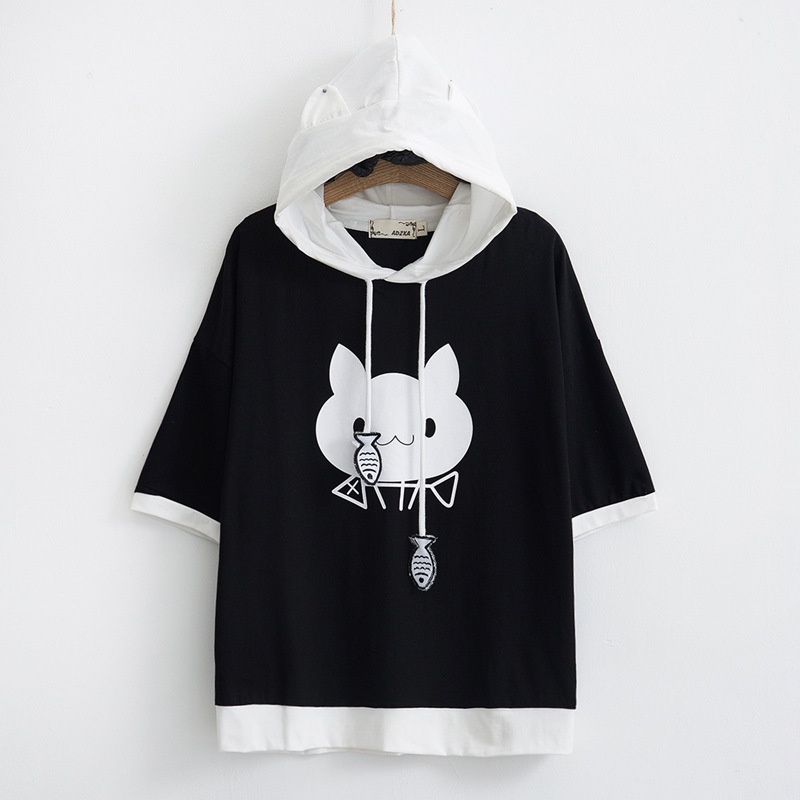 Áo Hoodie Ngắn Tay In Hình Xương Cá Màu Sắc Thời Trang