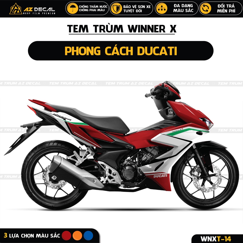 Tem Trùm Xe Honda Winner X Độc Đáo Phong Cách Ducati | WNXT-14 | Decal Bền Màu, Chống Nước Màu Cam, Đỏ, Xanh