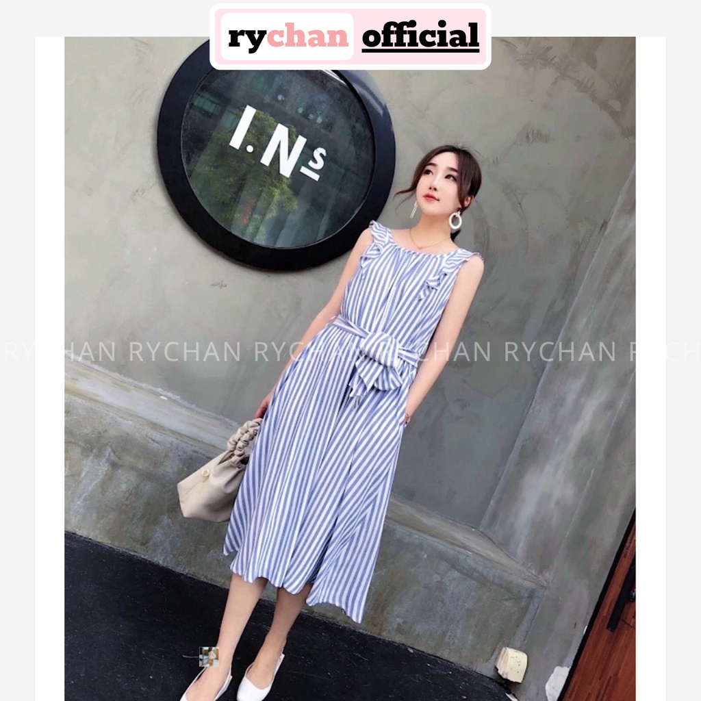 Đầm Xòe Midi Hai Dây Sọc Xanh Buộc Eo - DX522