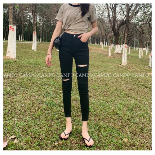 Quần Jean Nữ Lưng Cao Skinny Đen Rách Gối CAMPO Quần Bò Nữ Dáng Ôm Cao Cấp