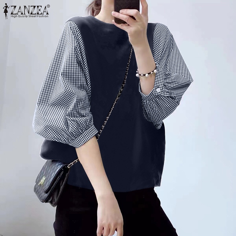 Áo kiểu ZANZEA tay phồng họa tiết sọc caro màu tương phản phong cách Hàn Quốc thời trang cho nữ