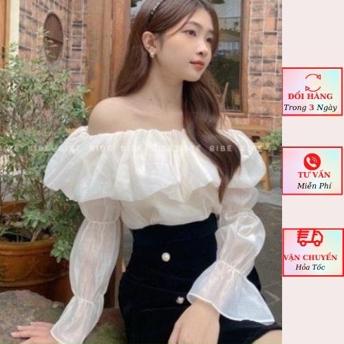 Áo trễ vai nữ voan tơ tay bồng tiểu thư bánh bèo màu trắng be 2 lớp ulzzang Hàn Quốc