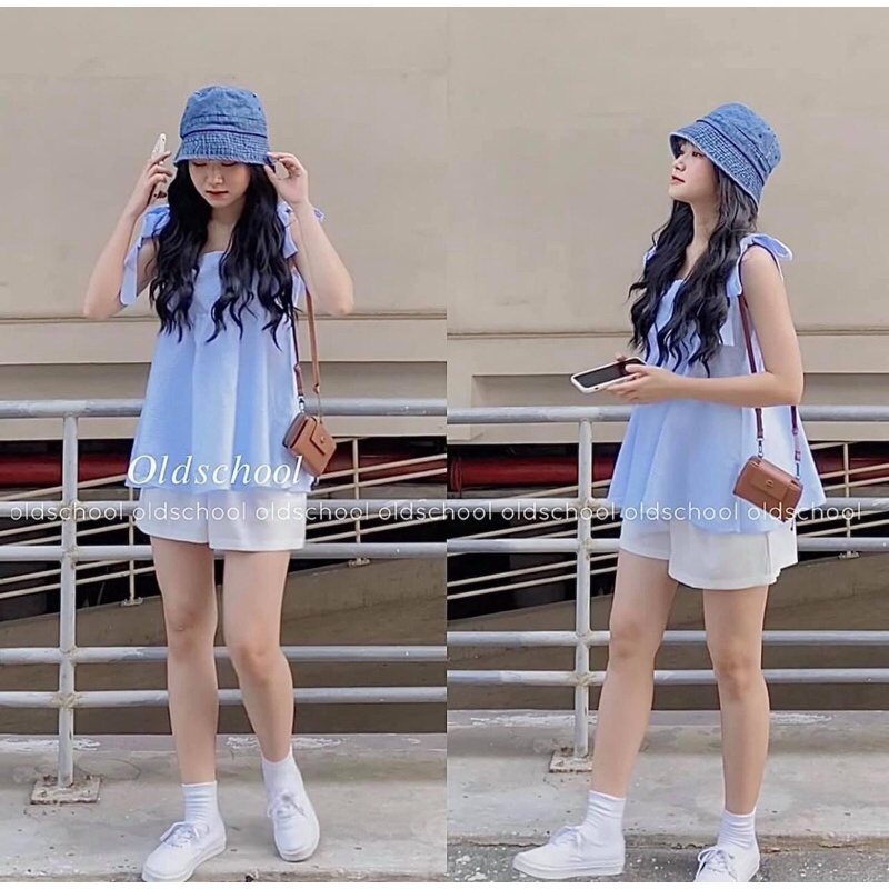 Set áo 2 dây thắt nơ kẻ caro xanh kèm quần short đũi trắng(có bán tách set)