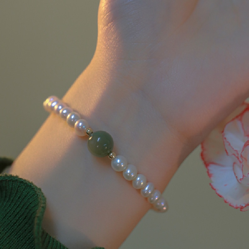 Vòng đeo tay AHELLOGIRL phối đá ngọc bích xanh phong cách Hàn Quốc