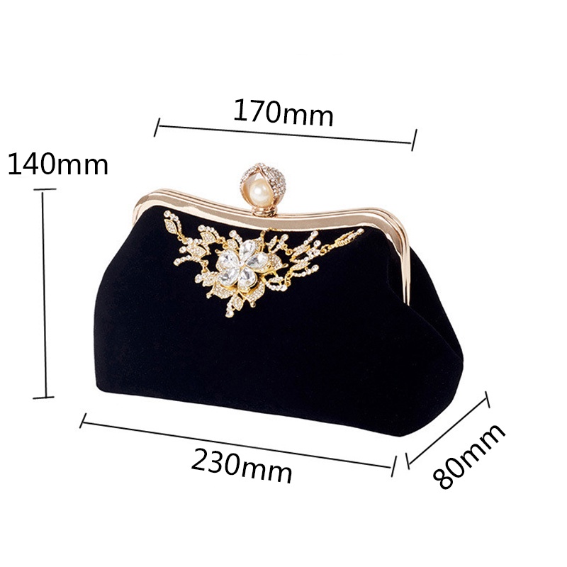 Female Diamond Pearl Handbag Vintage Crystal Clutch Bag （Black）