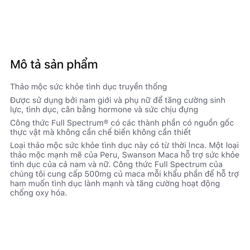Swanson Full Spectrum Maca 500mg 100 Viên Hỗ trợ sinh lý nam nữ