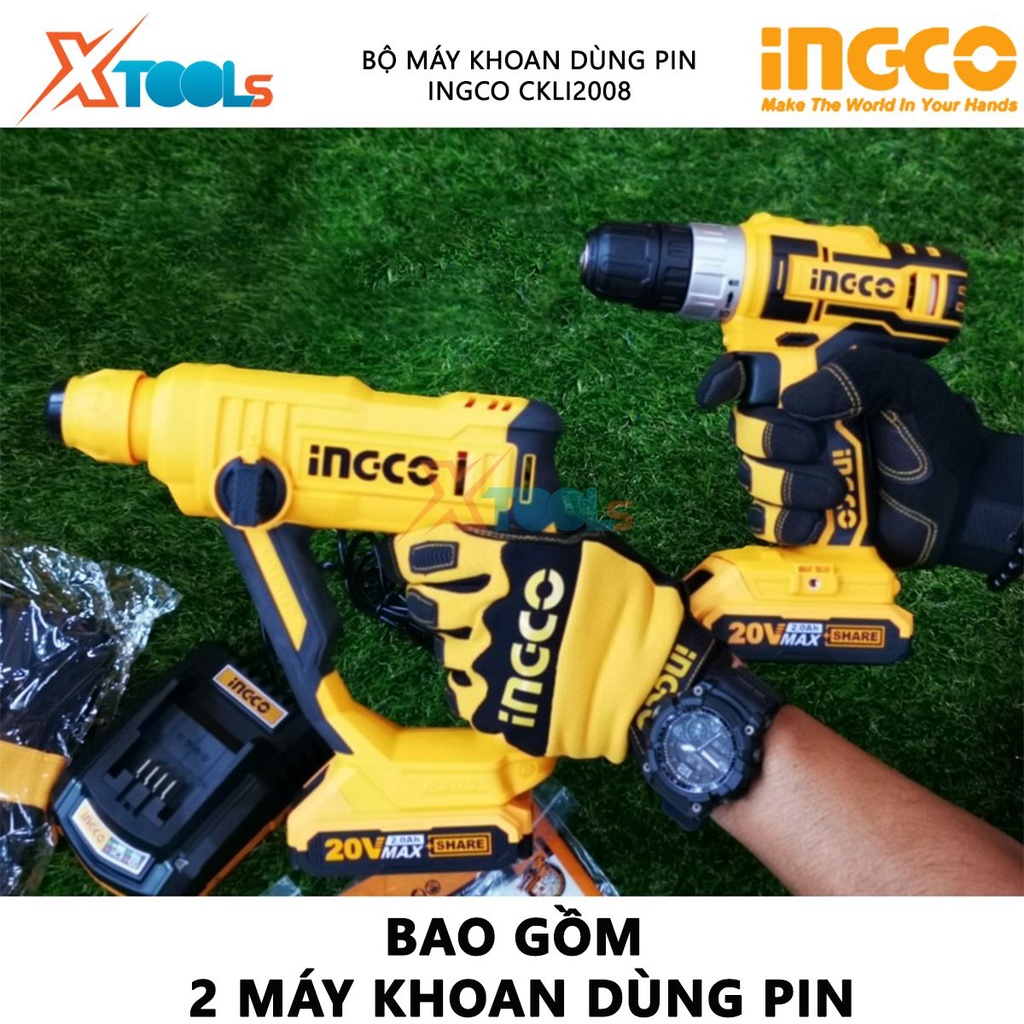 &quot;Bộ máy khoan bắn vít 10mm và máy khoan bê tông dùng pin 20V Ingco CKLI2008 kèm 2 pin 2.0ah và 1 sạc nhanh điện thế sạc