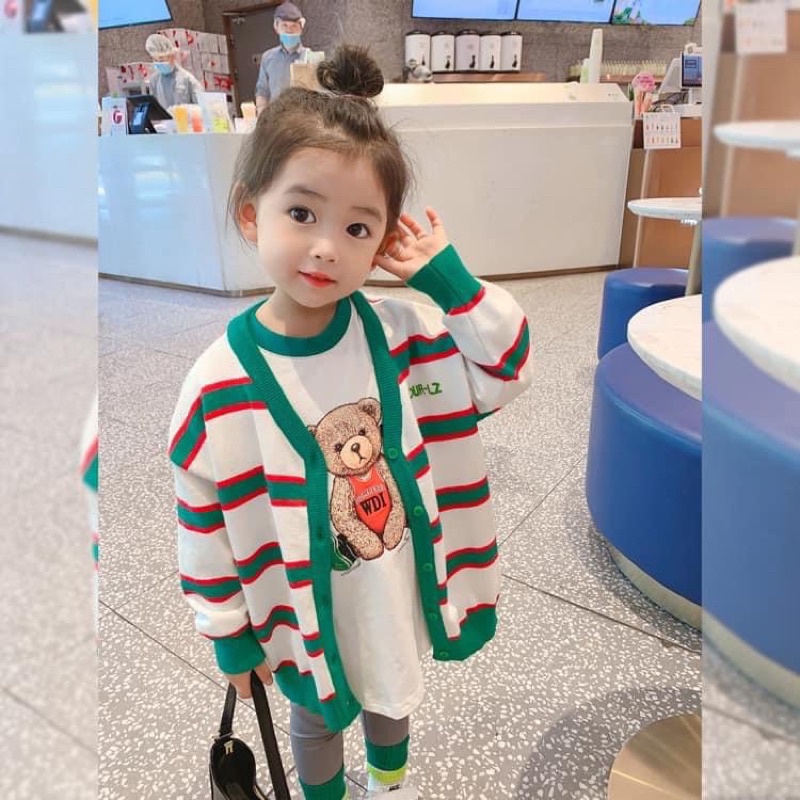 SET BÉ GÁI ÁO PULL GẤU MIX CARDIGAN XANH