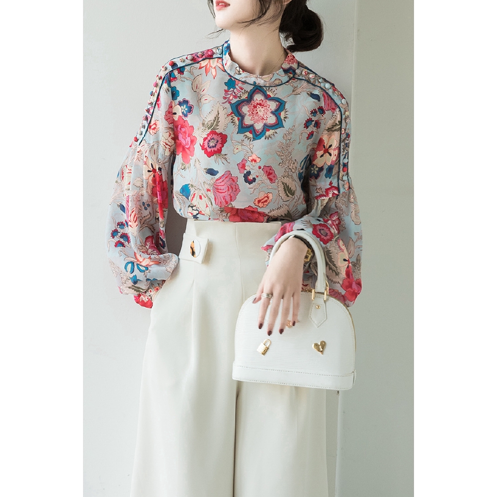 Áo voan tay phồng form rộng không co giãn màu xanh dương/hồng size M-3XL