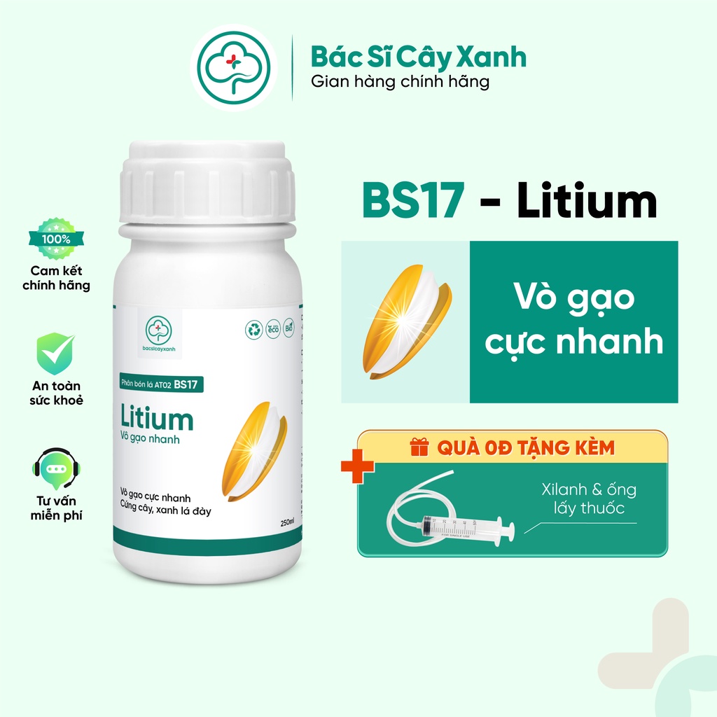 Phân bón lá cây lúa vô gạo nhanh, chắc hạt, trổ đều, trổ thoát, cứng cây, xanh lá BS17 Litium 250ml NSX Bacsicayxanh
