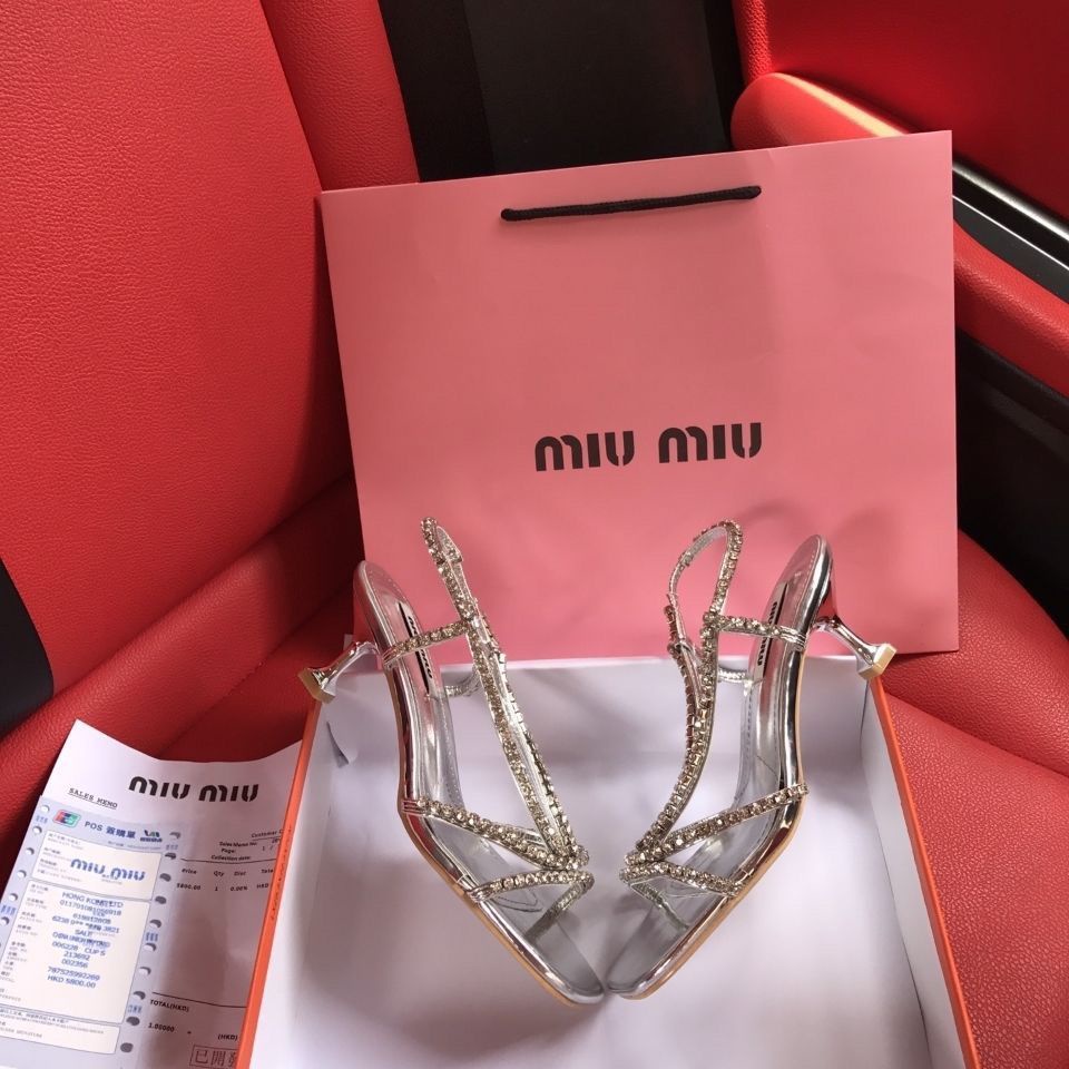 MIU MIU Giày Cao Gót Mũi Nhọn Đính Đá Thời Trang Mùa Hè Dành Cho Nữ