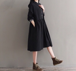 Đầm cổ sơ mi đen phối caro
