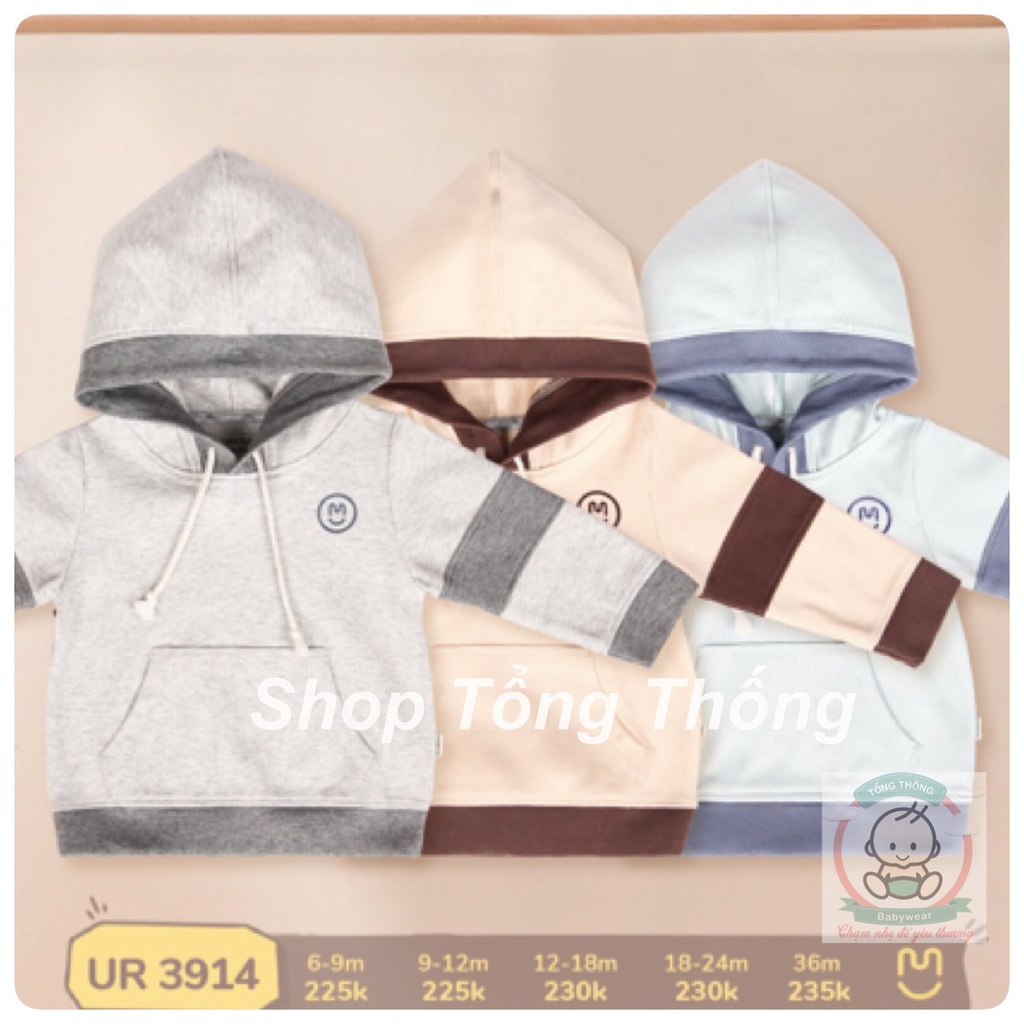 Áo Hoodie Uala Rogo Cotton khoác có mũ túi bụng trơn phối kẻ cao cấp thấm hút tốt cho bé trai bé gái 3914