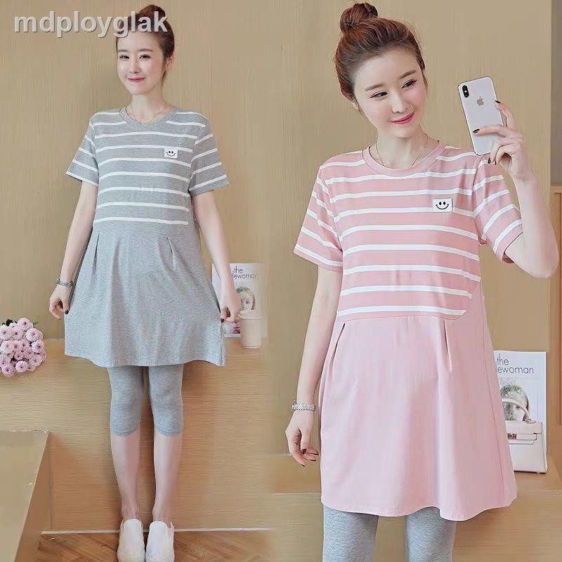 Maternity dress summer fashion Korean short-sleeved striped suit tops go out mid-length two-piece