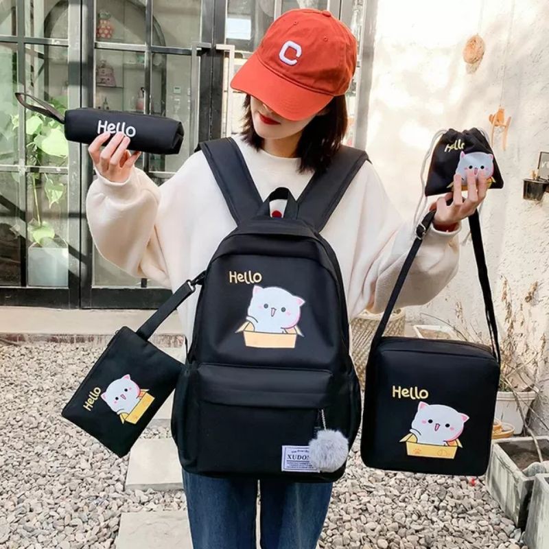 Balo combo 4 món mèo hello set 4 món nữ đi học laptop sinh viên ulzzang