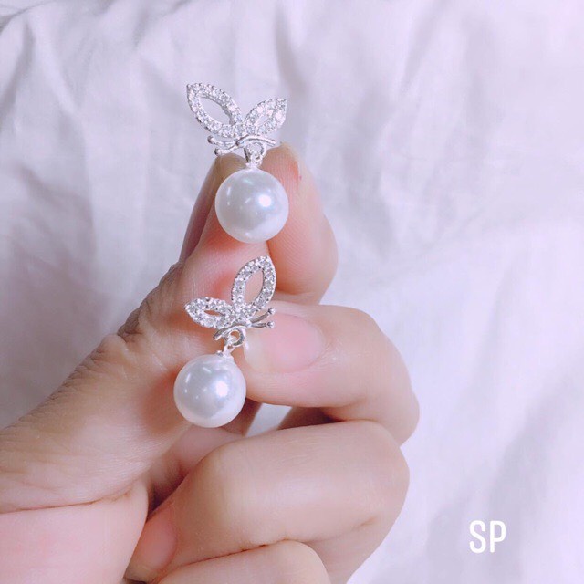 Bông tai bạc nữ hình bướm treo hạt trai sang chảnh - Kho sỉ bạc Nhất Linh