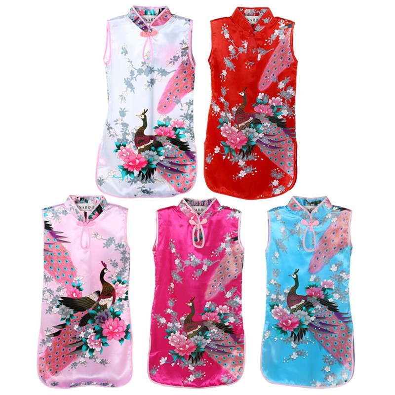 Đầm Sườn Xám Sát Nách Hoạ Tiết Chim Công Phong Cách Trung Hoa Cho Bé 3-10 Tuổi