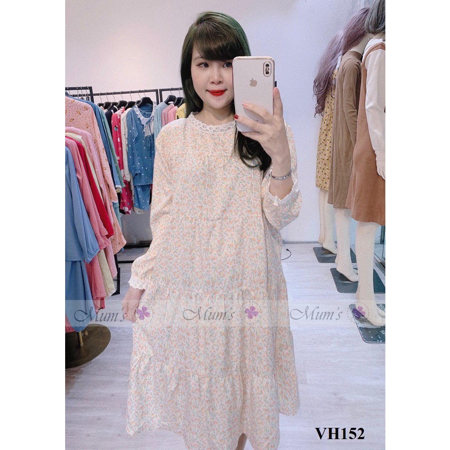 Đầm bầu Mum's shop VH152 Váy voan hoa nhí cam 3 tầng siêu dễ thương, mẹ bầu mặc đi chơi đi làm đều xinh