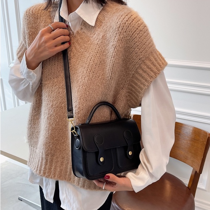 Túi đeo chéo hộp vuông da cao cấp kiểu dáng vintage nắp khuy bấm cổ điển