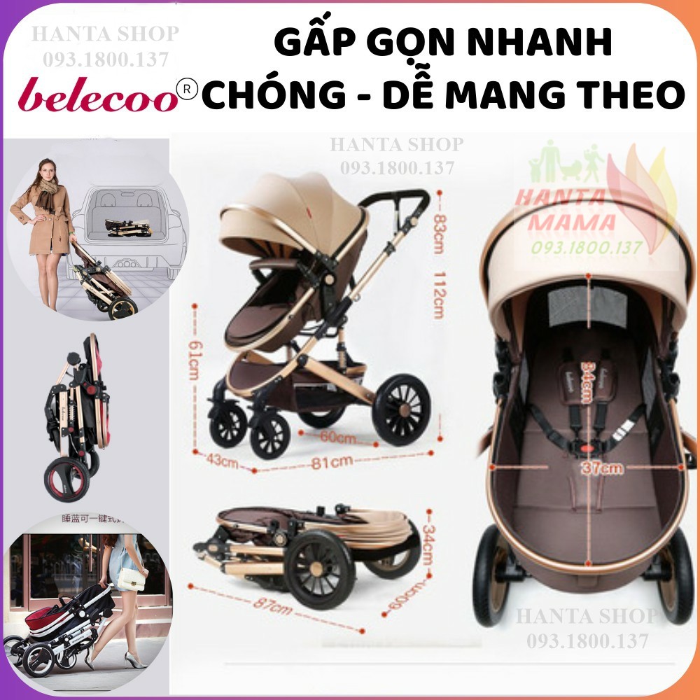 Xe đẩy cho bé BELECOO, xe nôi gấp gọn 2 chiều có mái che cho bé từ sơ sinh-3 tuổi chịu lực 25kg