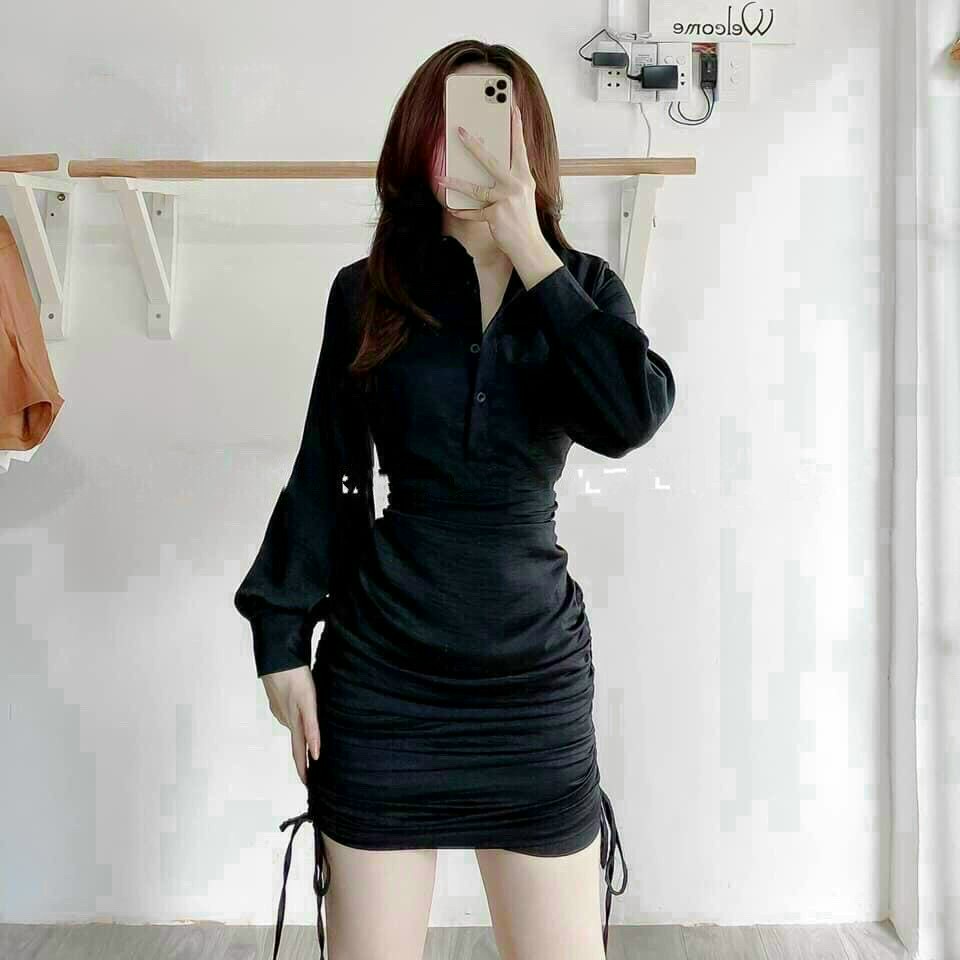 [Hot] Đầm Nhúm Sơ Mi Nút Cài Rút Dây