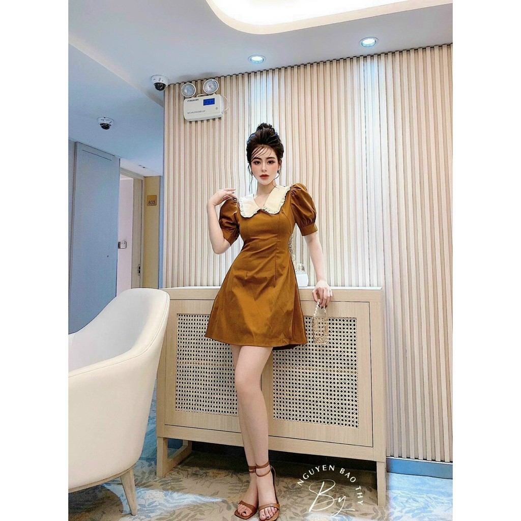 Đầm xòe cổ sen tay bo N011