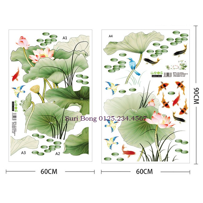 Decal dán tường Cá và hoa sen 3D SIÊU HOT | BigBuy360 - bigbuy360.vn