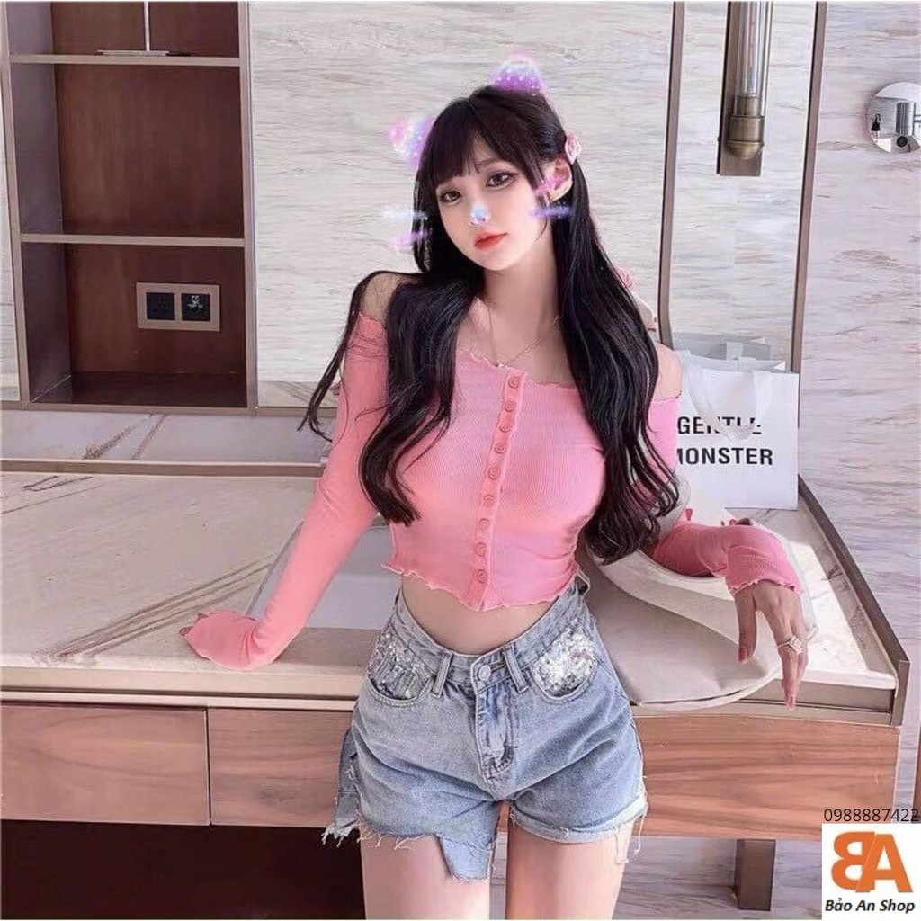 Áo bẹt vai thun gân len viền bèo phối nút Free Size dưới 55kg dành cho nữ sexy gợi cảm