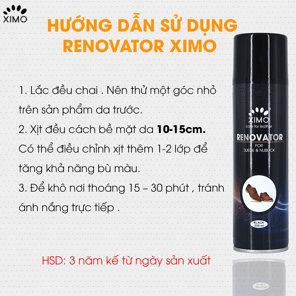 Chai Xịt Da Lộn Renovator XIMO 230ml Chuyên Dưỡng Và Bổ Sung, Phục Hồi Màu XI12