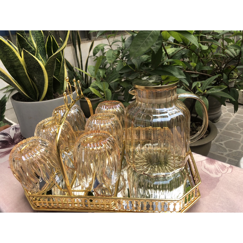 Set 6 Cốc Thuỷ Tinh Lửa Ánh Xanh 🌸 Có Bình + Khay Bán Kèm 🌸 Sang Trọng Tinh Tế 🌸