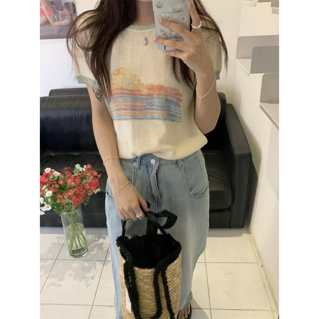 Áo Thun Dệt Kim Ngắn Tay In Họa Tiết Màu Sắc Hợp Thời Trang Hè 51937