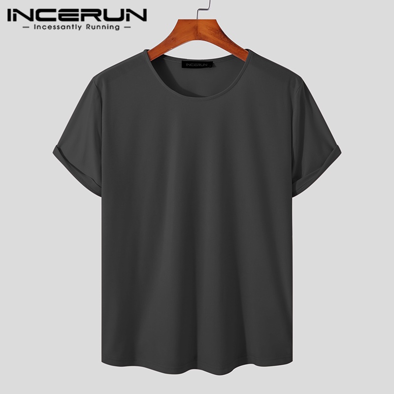 Áo thun INCERUN ngắn tay cổ tròn màu sắc đơn giản thời trang hè cho nam