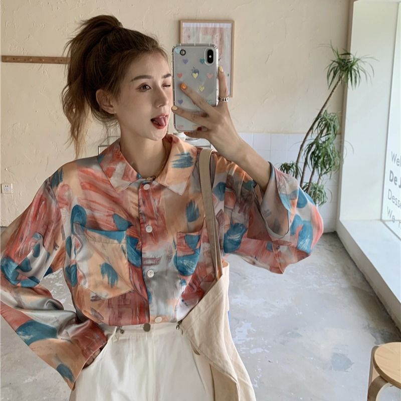 Áo Sơ Mi Tay Dài Dáng Rộng In Họa Tiết Tranh Sơn Dầu Phong Cách Hàn Quốc Cổ Điển Thời Trang Cho Nữ