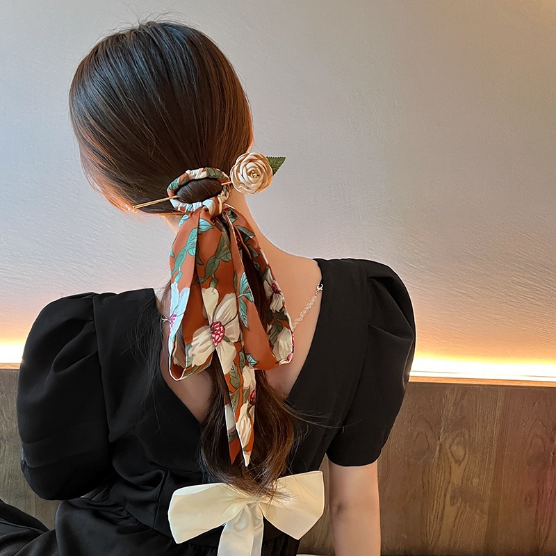 Kẹp Tóc Đính Nơ In Họa Tiết Hoa Phong Cách Truyền Thống Mới