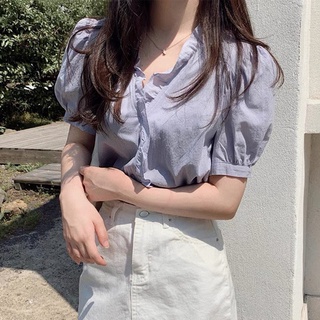 Áo Sơ Mi Nữ Cổ V Bèo Tay Phồng Màu Tím Nhạt Pastel 2022