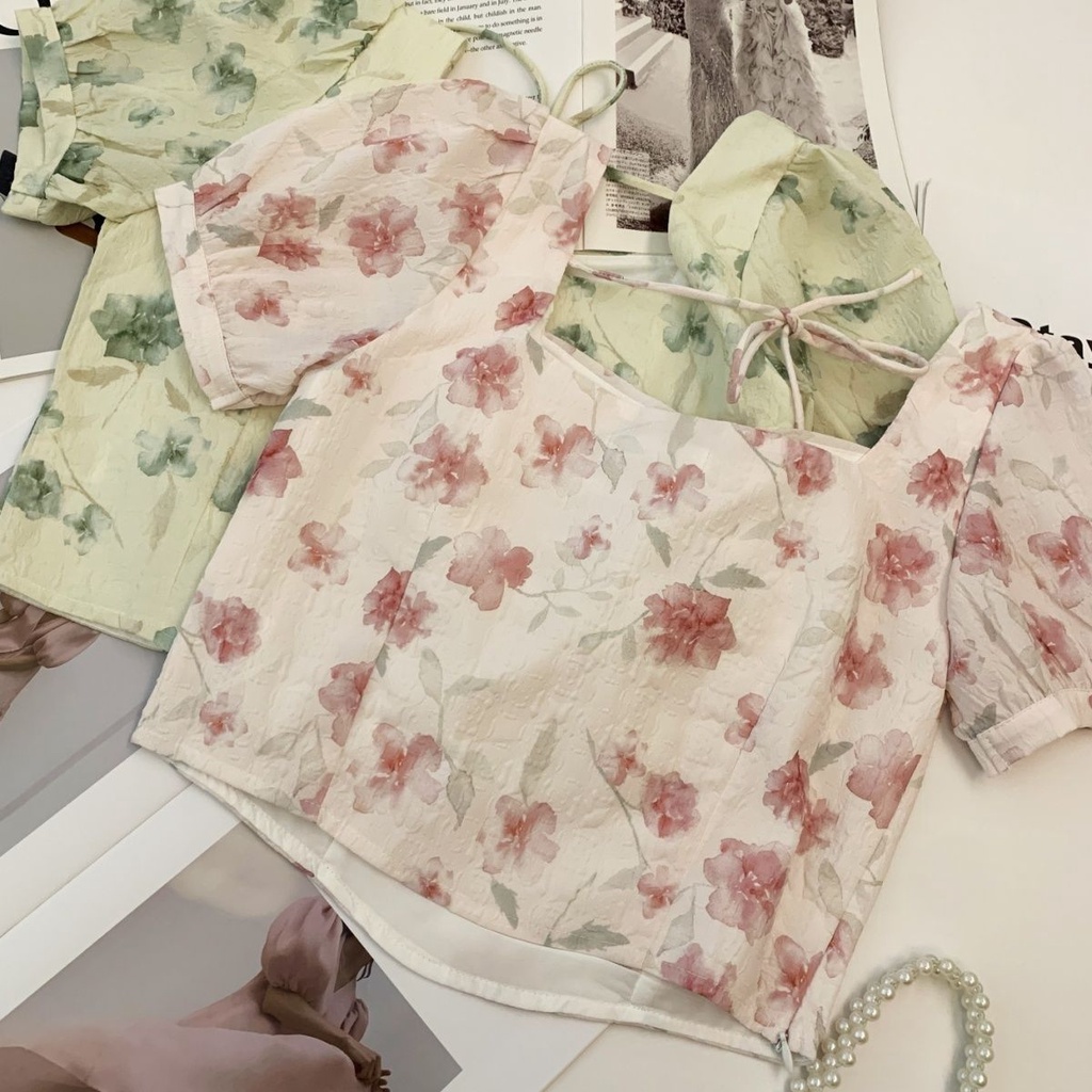Áo Kiểu Tay Phồng Cổ Vuông Họa Tiết Hoa Thời Trang Mùa Hè Mới Cho Nữ