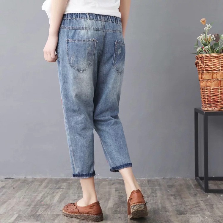 Quần jean bagyy nữ lưng thun eo co giãn size đại bigsize thêu hoa size M đến 3XL