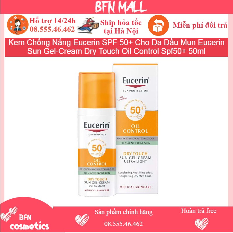 Kem Chống Nắng Eucerin SPF 50+ Cho Da Dầu Mụn Eucerin Sun Gel-Cream Dry Touch Oil Control Spf50+ 50ml [ Chính Hãng ]