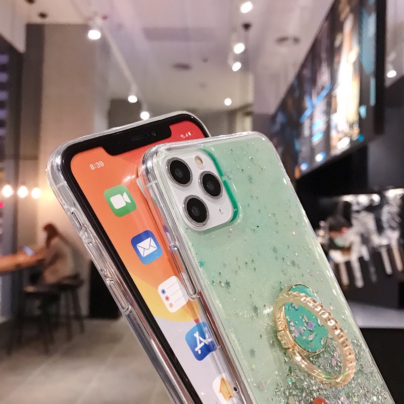 Ốp điện thoại epoxy trong suốt phối kim sa lấp lánh có vòng đỡ cho iPhone 11 Pro Max XS XR X 8 7