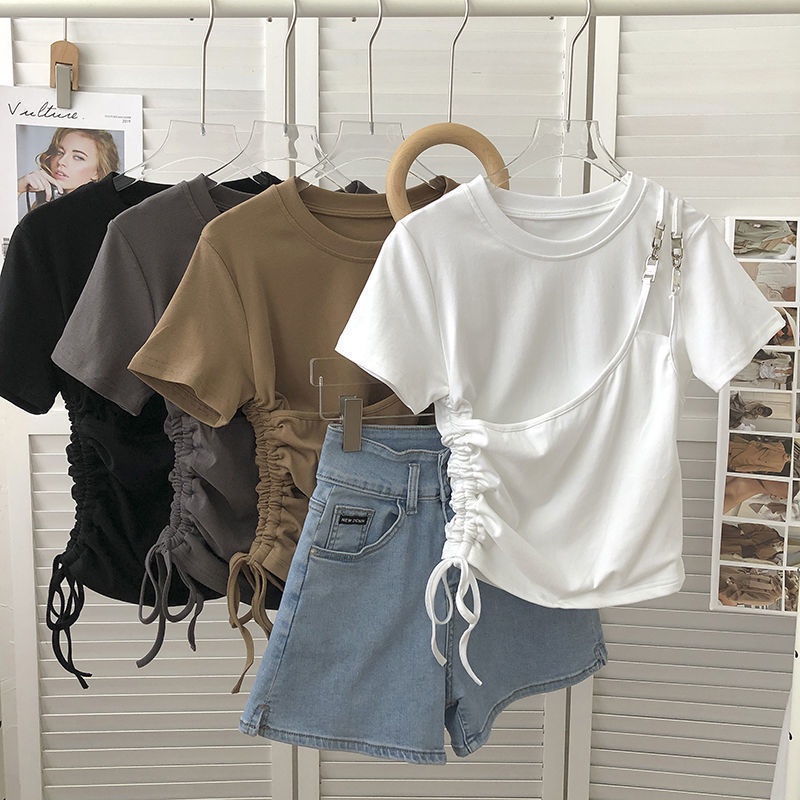 Áo Thun Croptop Cổ Tròn Tay Ngắn Phong Cách Hàn Quốc Thời Trang Mùa Hè Xinh Xắn Cho Nữ