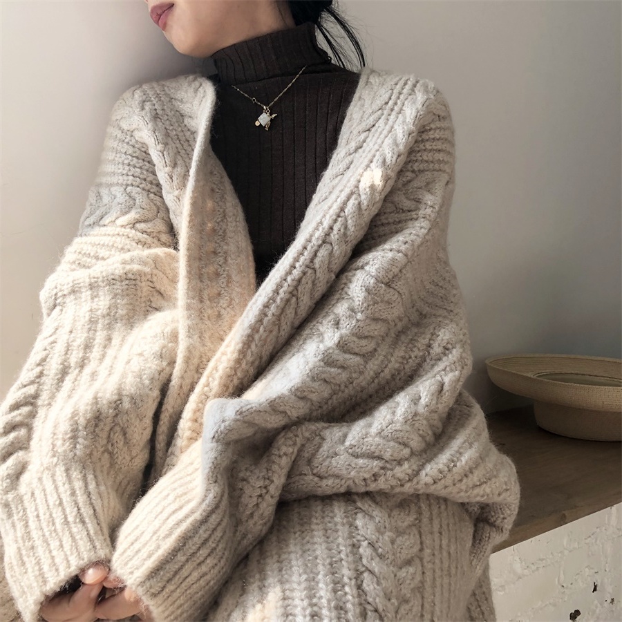 Áo Khoác Cardigan Dệt Kim Dáng Rộng Dày Dặn Thời Trang Thu Đông Cho Nữ