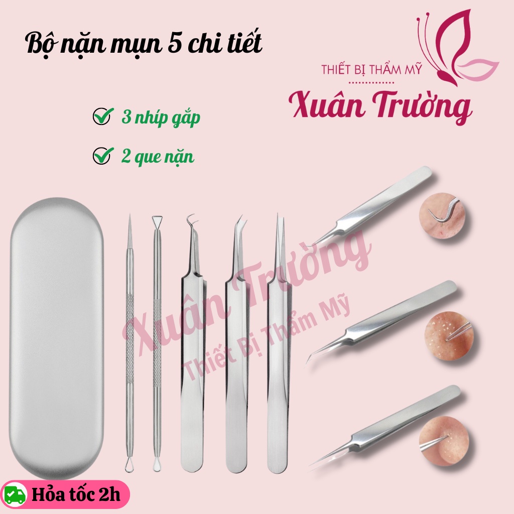 Bộ lấy mụn 5 chi tiết chuyên dụng, 3 nhíp gắp và 2 que nặn