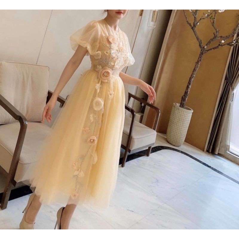 Đầm xòe tay phồng đính hoa