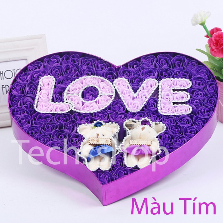 Hộp quà trái tim hoa hồng sáp kèm chữ LOVE có 2 gấu loại lớn - quà tặng bạn gái 8/3