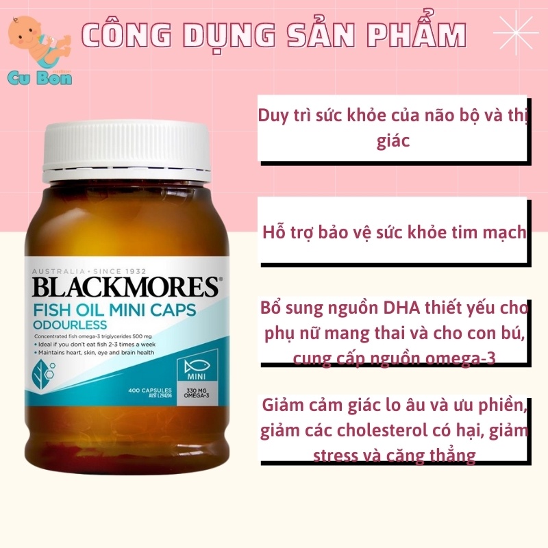 Dầu cá Blackmores Fish Oil Mini Caps Odourless không mùi 400 viên tốt cho sức khoẻ tim mạch trí não thị lực mọi lứa tuổi