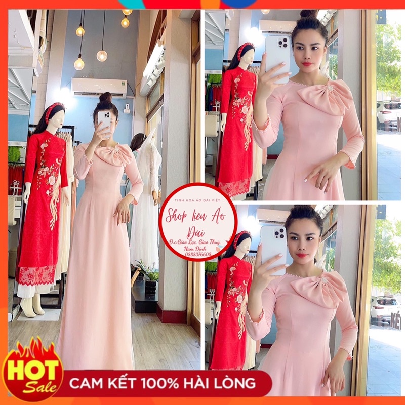 Áo dài hồng thiết kế đính bông nơ điệu, cổ tròn đính ngọc, tay lỡ,chất vải lụa Tây thi mềm mại