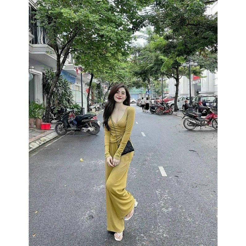 Sét bộ đồ nữ áo tay dàì cổ tim rút dây eo 1 bên chất thun gân co giãn thoải mái trẻ trung sang trọng