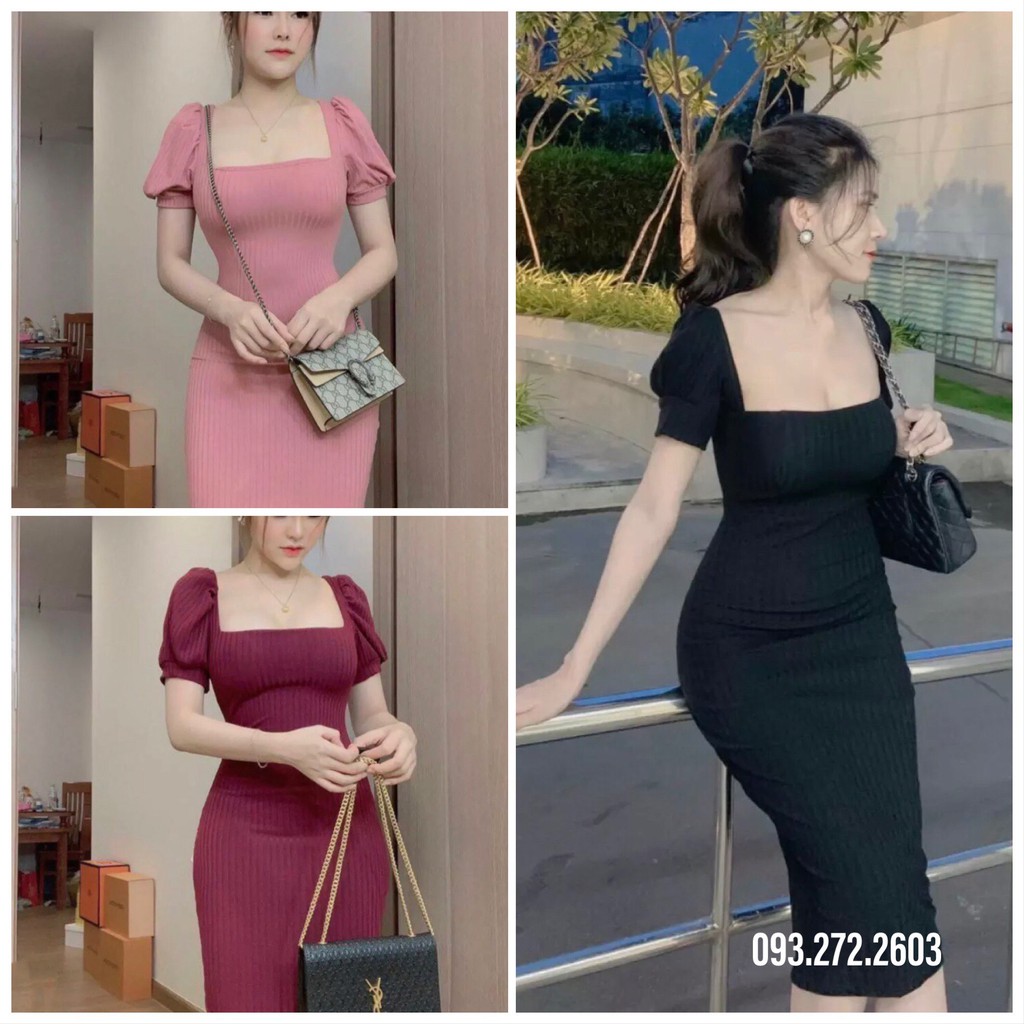 Đầm body tay phồng Cổ vuông