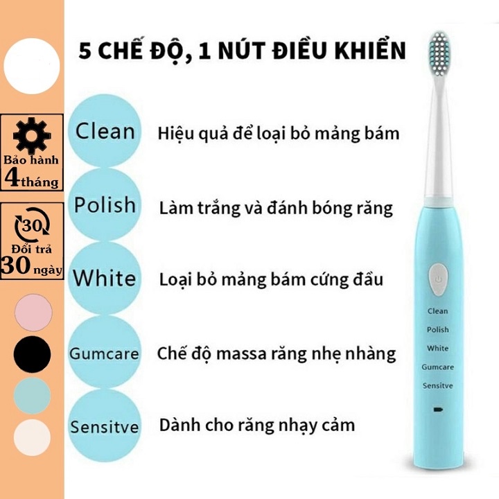 Bàn chải điện đánh răng tự động 5 chế độ rung tặng kèm 2 đầu chải giúp đánh bay các mảng bán giúp miệng sạch sẽ thơm tho